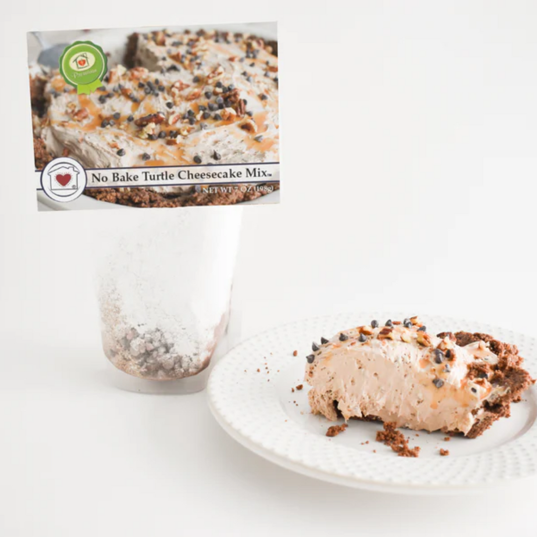 No Bake Turtle Cheesecake Mix with  plate of dessert on a white background