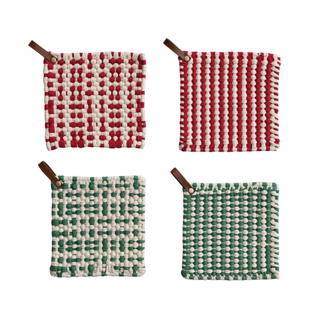 Four woven coasters with different patterns and colors on a white background.