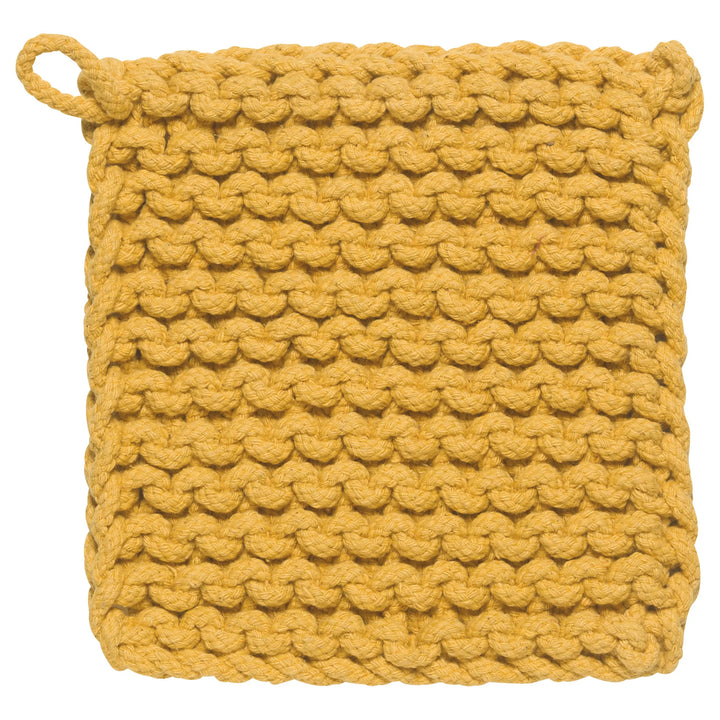 Yellow knitted pot holder on a white background