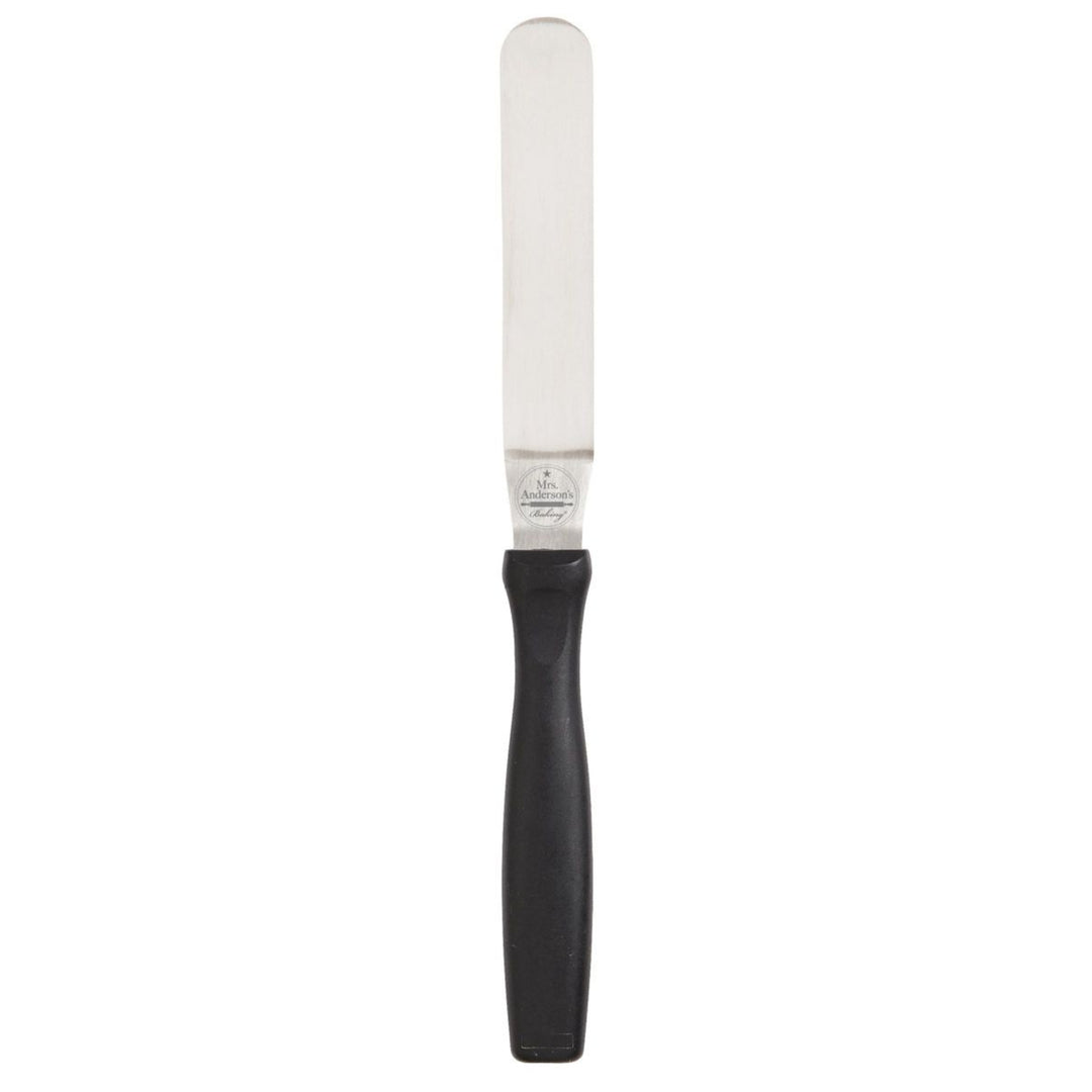A metal spatula with a black plastic handle, shown vertically against a plain white background.