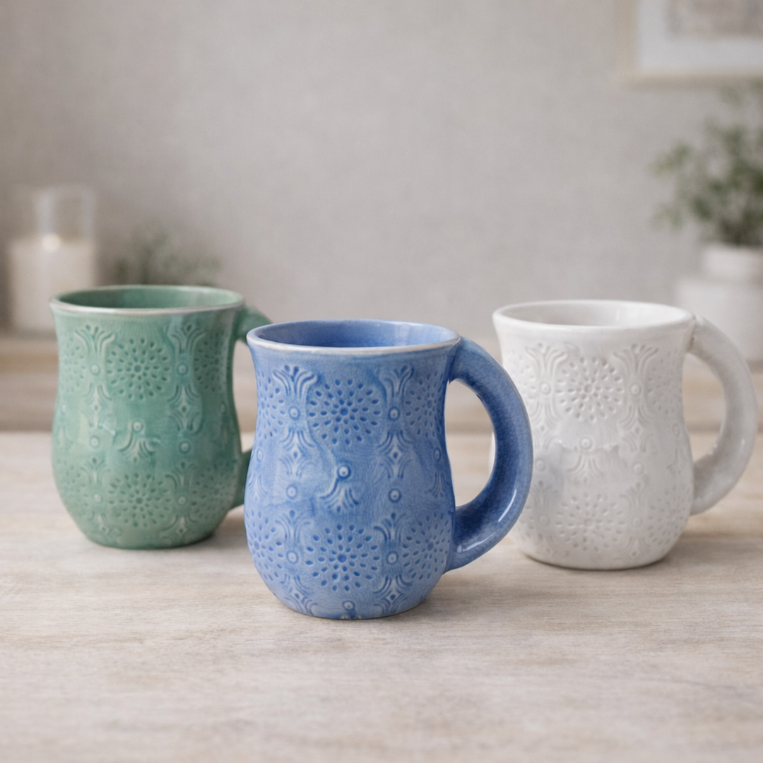 Three ceramic mugs in green, blue, and white on a wooden surface with a neutral background.