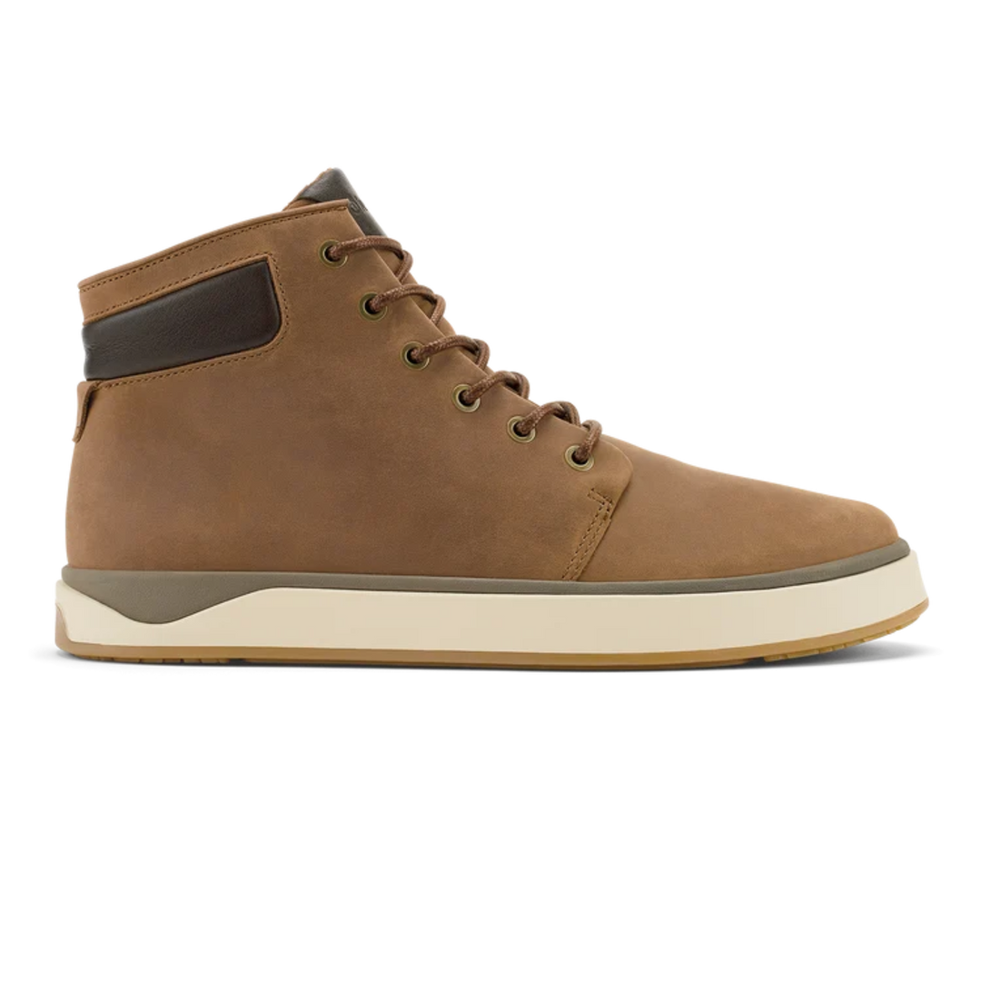 A mid-top brown leather sneaker with a cream-colored midsole and a dark brown heel accent, shown from a side profile on a white background.
