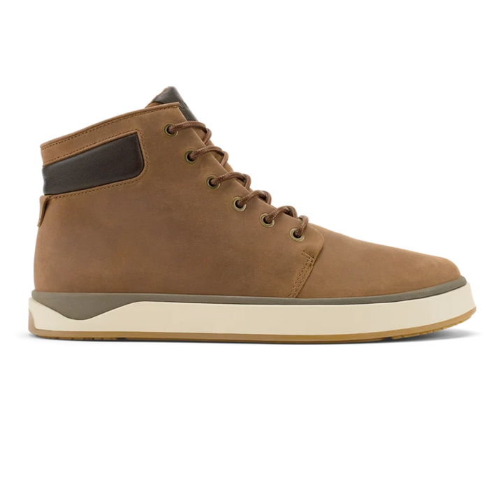 A mid-top brown leather sneaker with a cream-colored midsole and a dark brown heel accent, shown from a side profile on a white background.