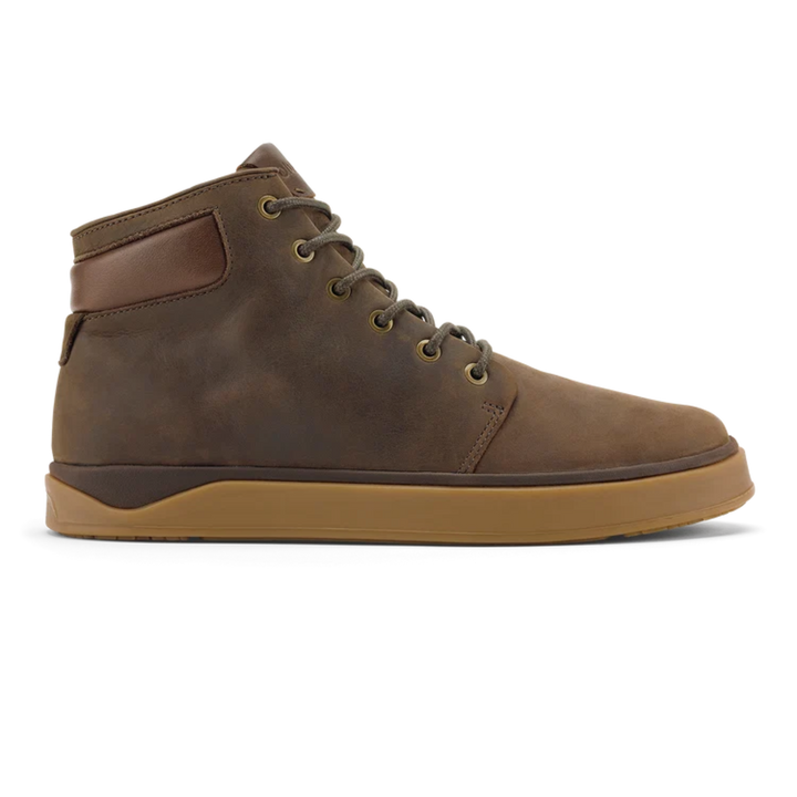 A brown high-top leather shoe with a gum sole, shown in a side profile view against a white background.