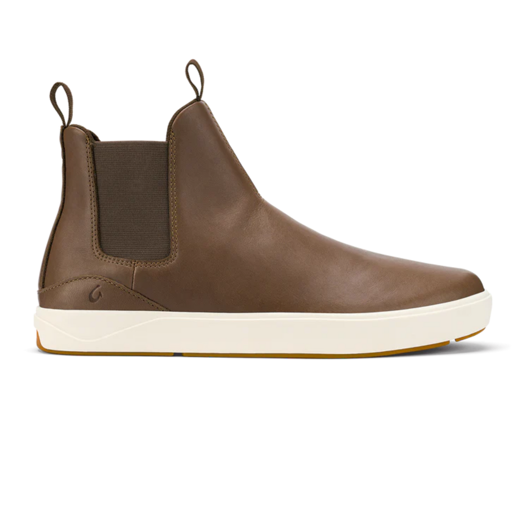 Brown leather Chelsea boot with white sole on a white background