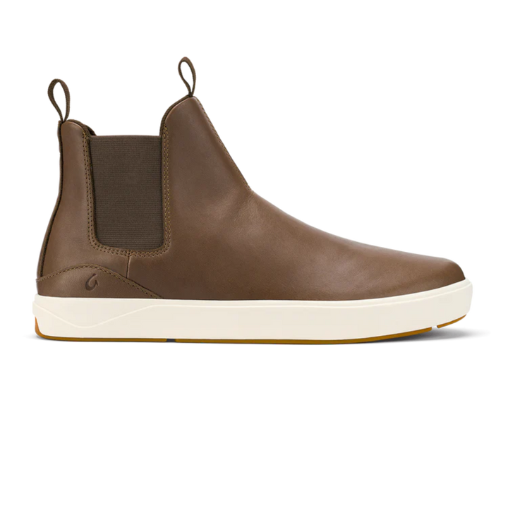Brown leather Chelsea boot with white sole on a white background