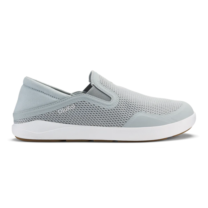 Light gray slip-on shoe with white sole on a white background