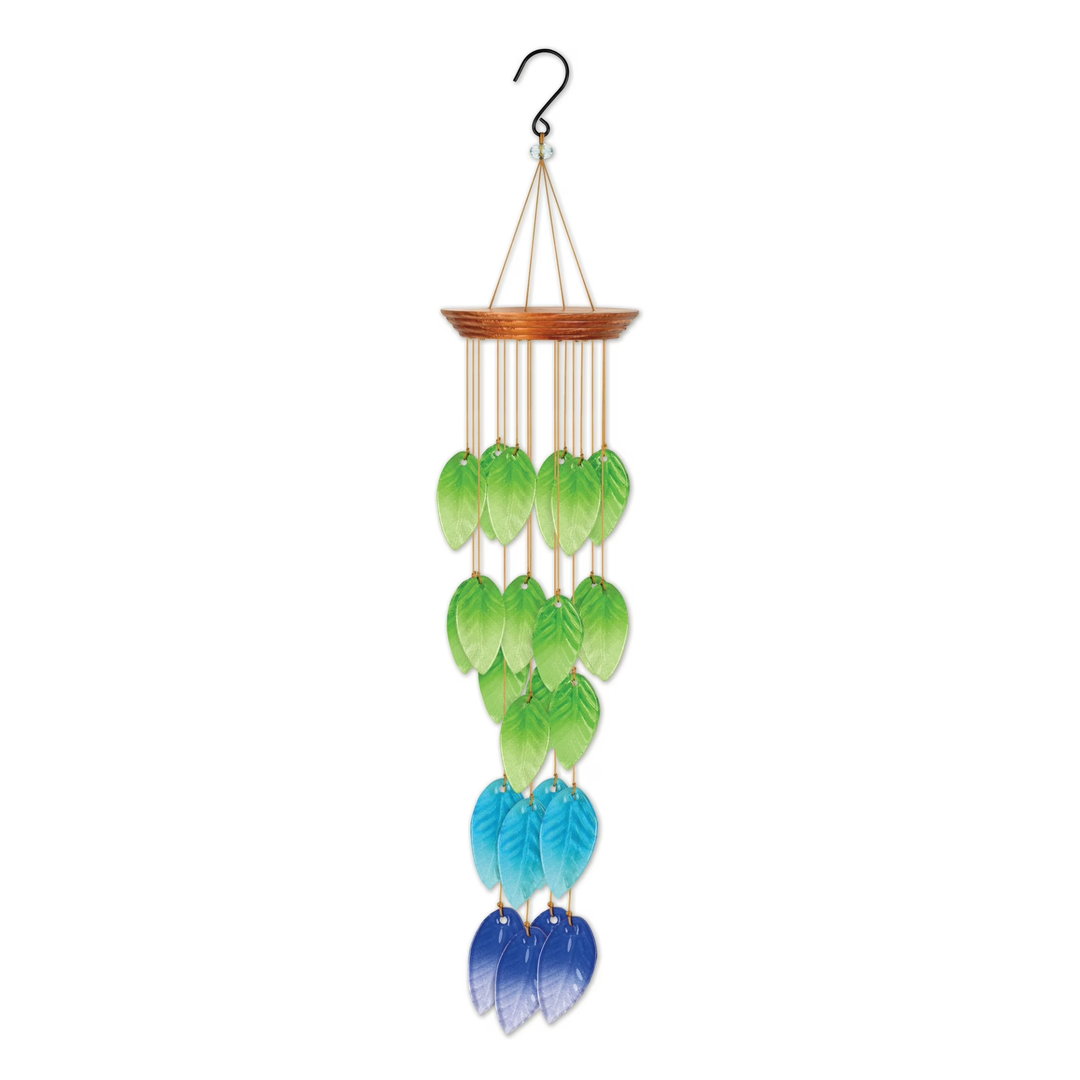 Decorative wind chime with green, blue, and purple leaf-shaped pendants on a white background.