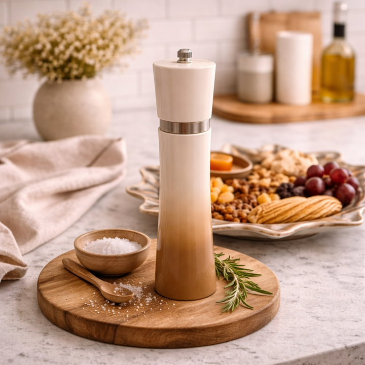 Pepper grinder on a wooden board with a plate of snacks in the background