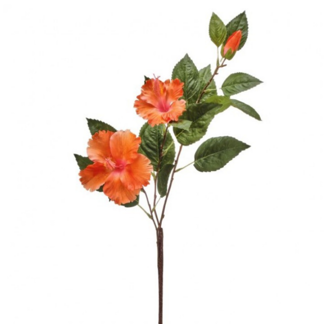 Artificial flower stem with orange flowers and green leaves on a white background