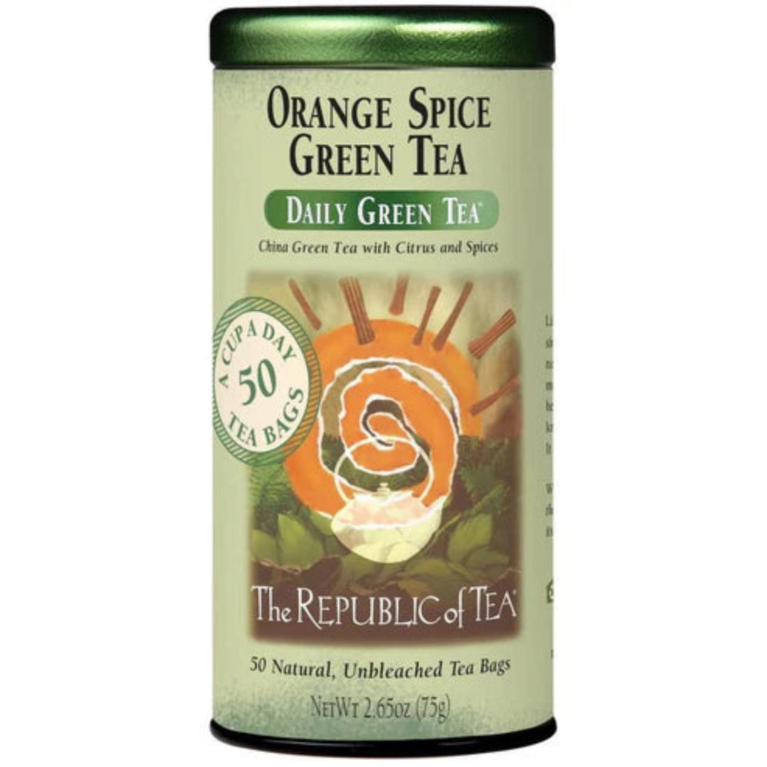 Tea canister labeled 'Orange Spice Green Tea' from 'The Republic of Tea' on a white background