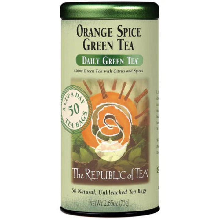 Tea canister labeled 'Orange Spice Green Tea' from 'The Republic of Tea' on a white background