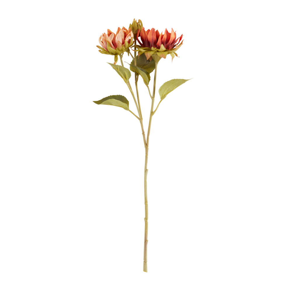 Artificial flower stem with red and green flowers on a white background