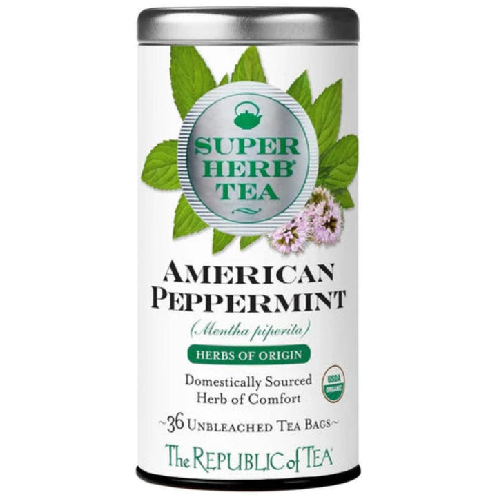 Super Herb Tea canister for American Peppermint tea on a white background