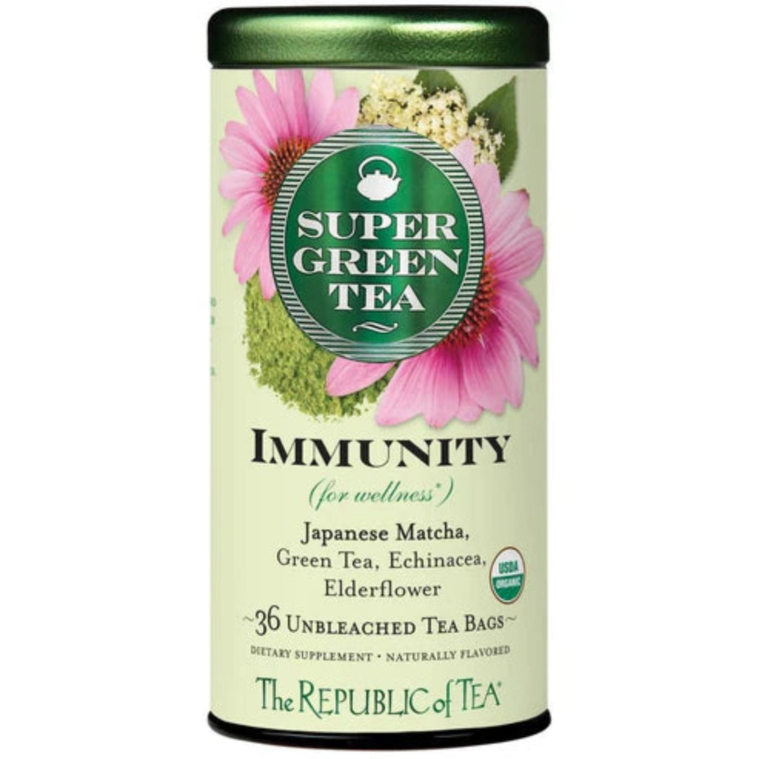 Super Green Tea Immunity canister with pink flowers on a white background