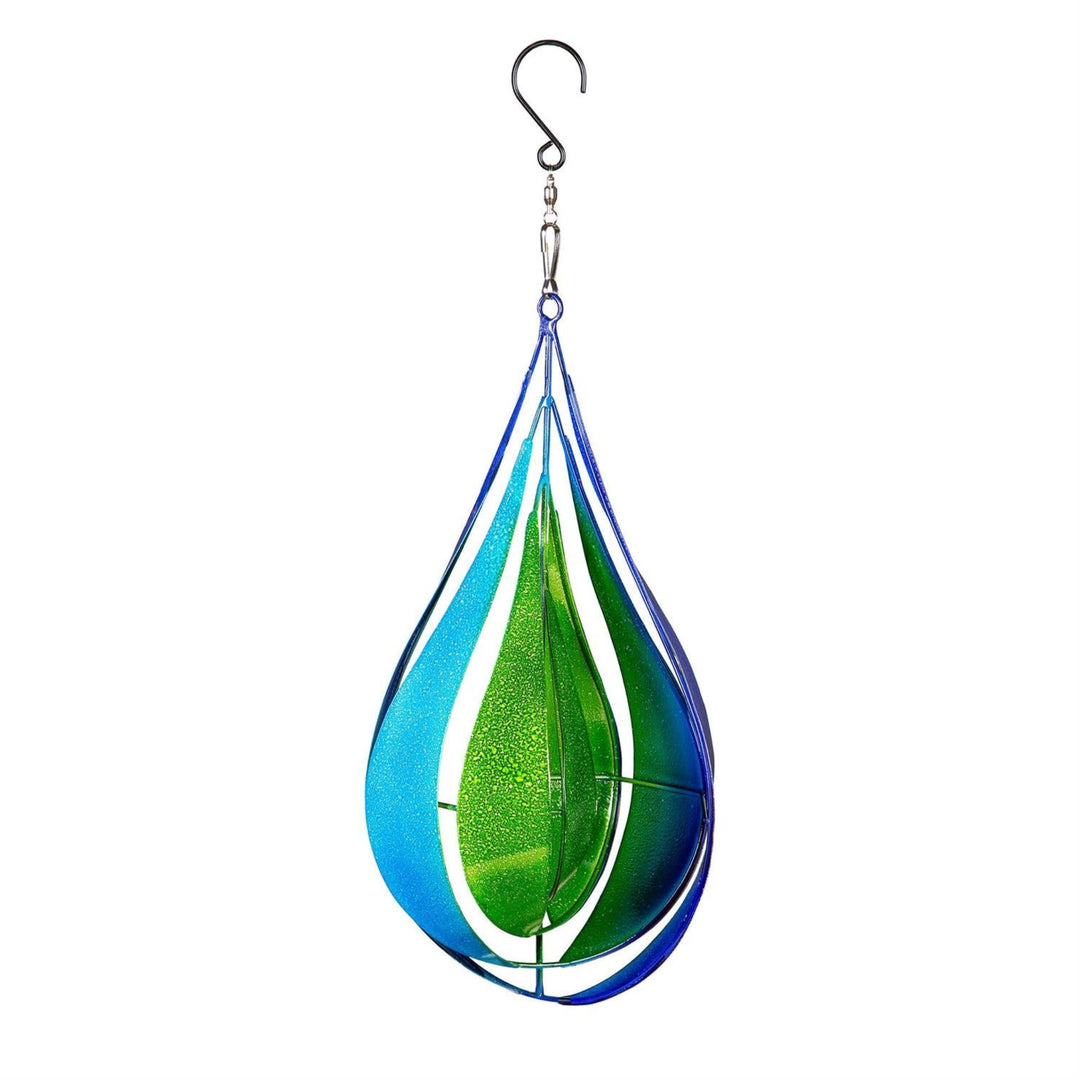 Decorative hanging item with a blue and green teardrop design on a white background