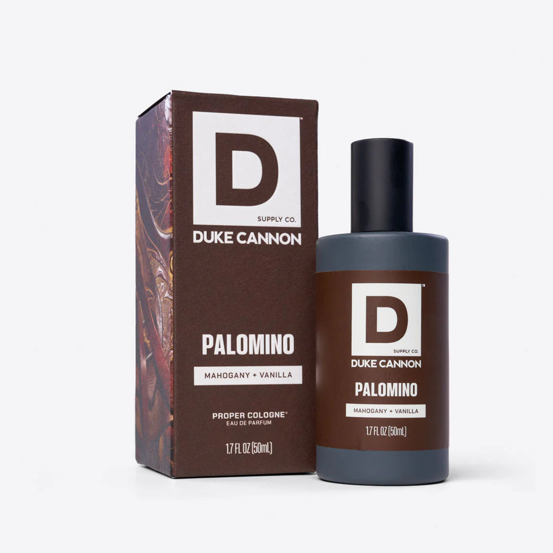 Duke Cannon Palomino cologne bottle and packaging on a white background