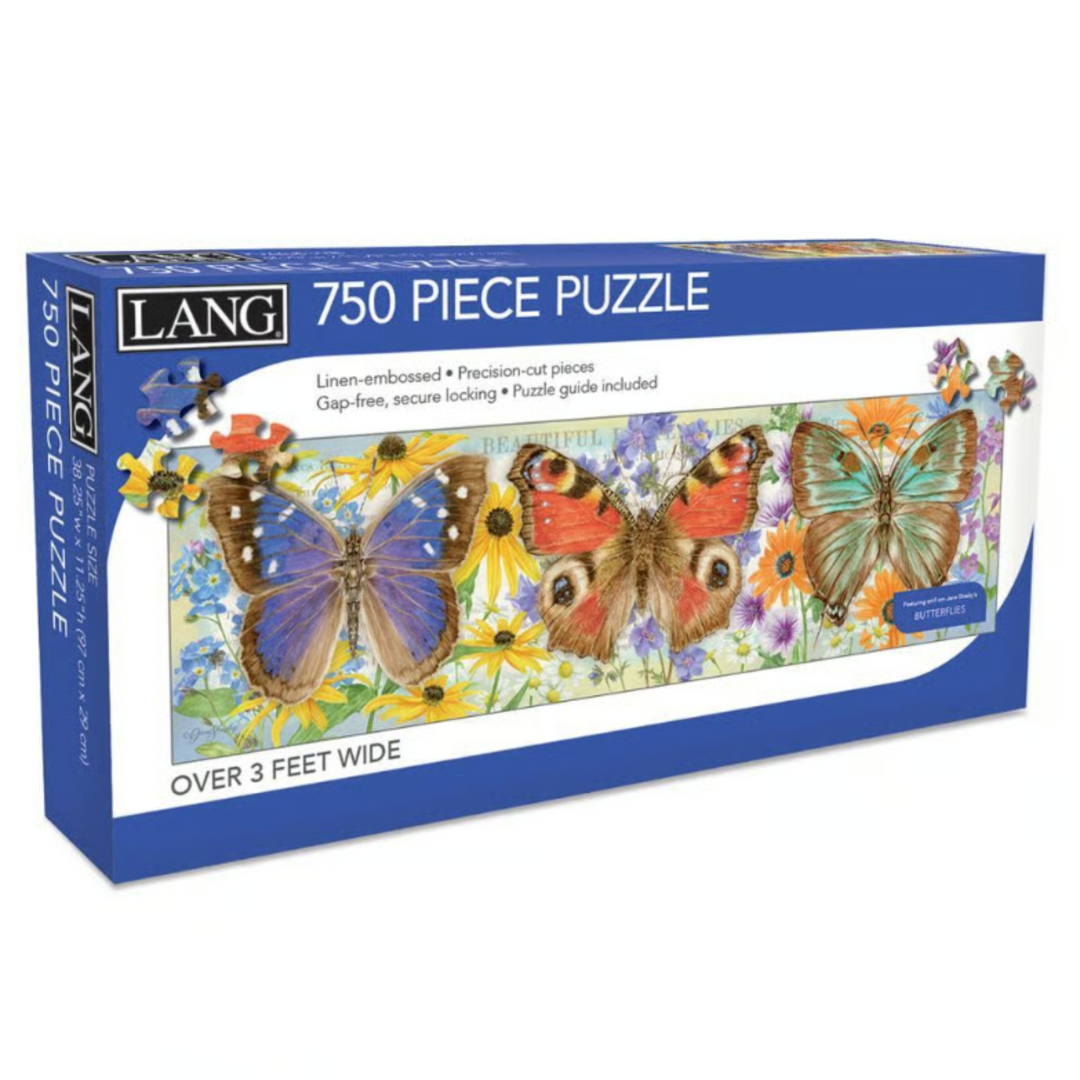 Lang 750-piece jigsaw puzzle box featuring a colorful butterfly and flower illustration on a blue package, shown on a white background.