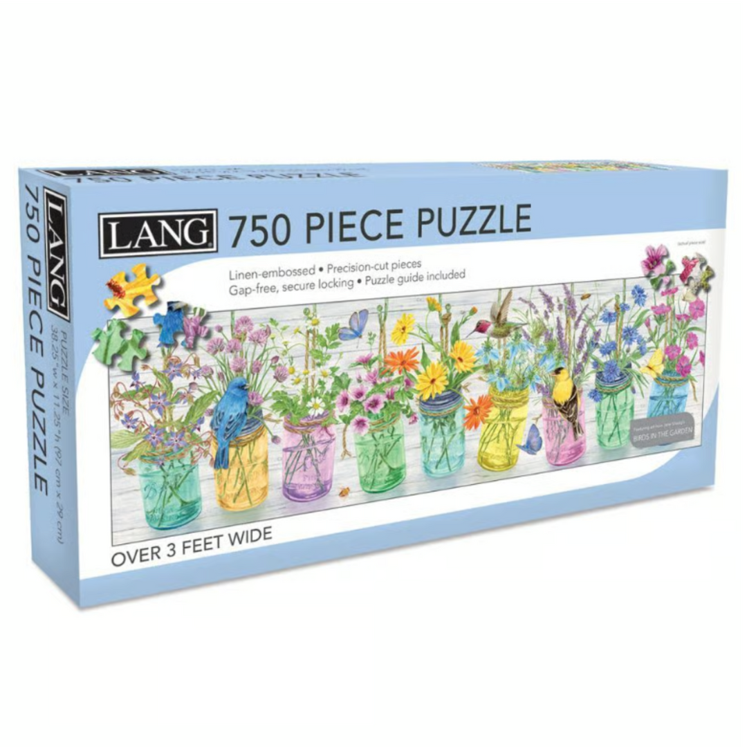 Lang 750-piece floral and bird puzzle box, featuring a light blue packaging design with a colorful illustration of mason jars filled with flowers and birds.