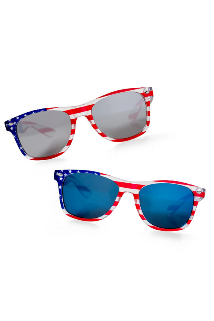 Two pairs of sunglasses with American flag design on a white background