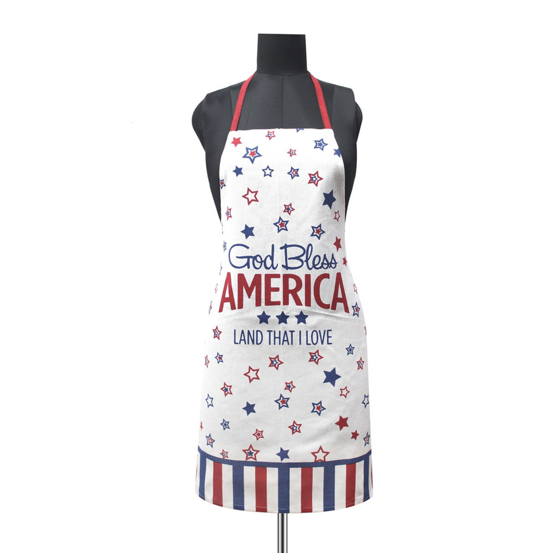 Three aprons with patriotic designs on mannequins against a white background.