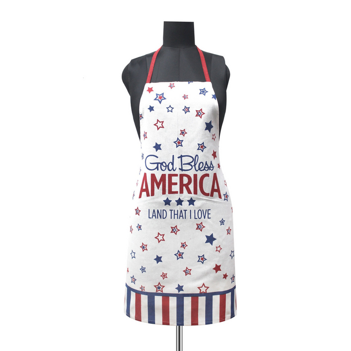 Three aprons with patriotic designs on mannequins against a white background.