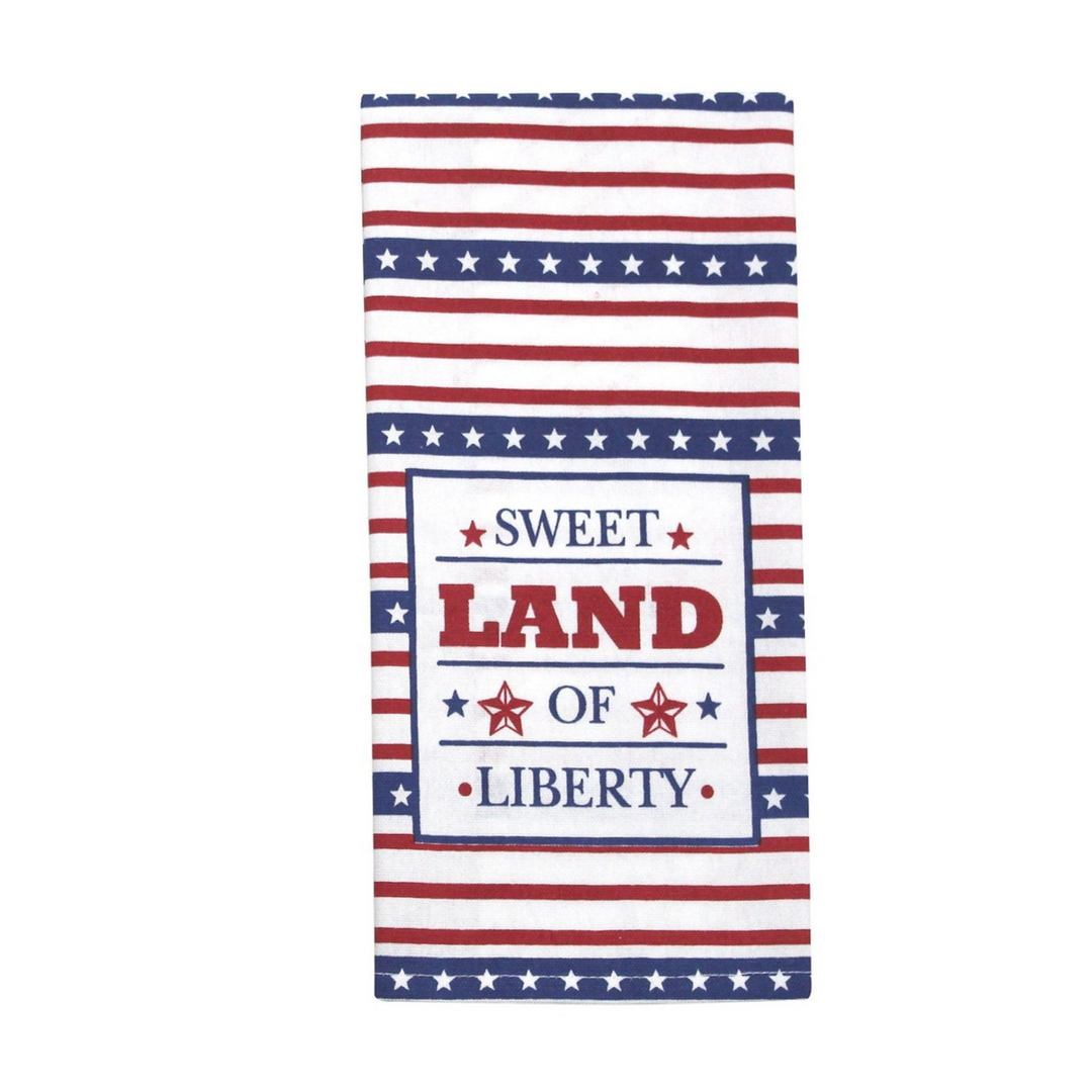 Two towels with patriotic designs featuring stars and stripes, one with text and the other with a flag pattern.