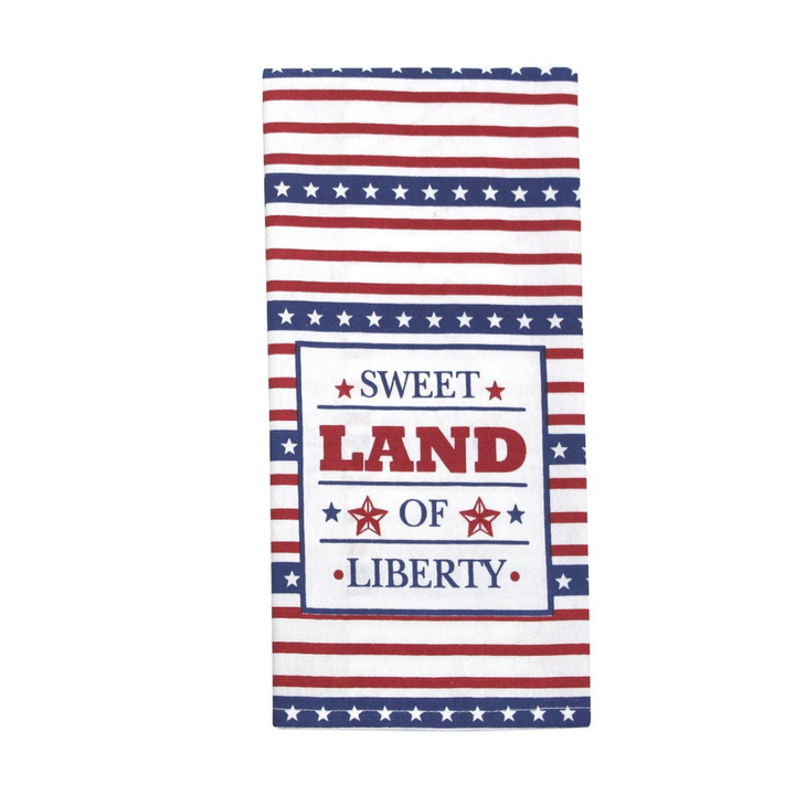 Two towels with patriotic designs featuring stars and stripes, one with text and the other with a flag pattern.