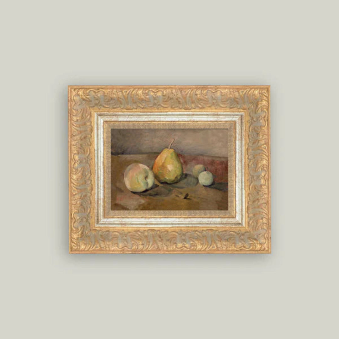 Framed still life painting of apples and a pear on a neutral background