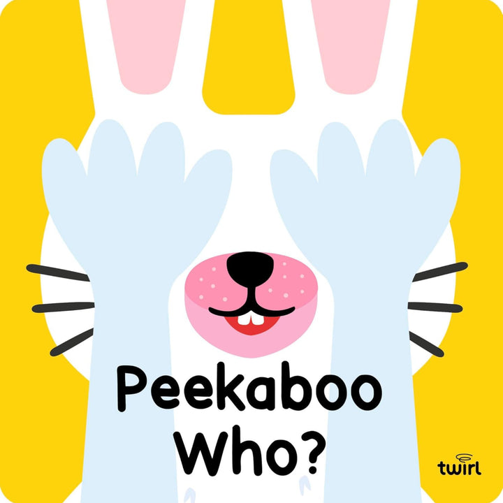 Book cover of 'Peekaboo Who?' with a cartoon cat face and yellow background