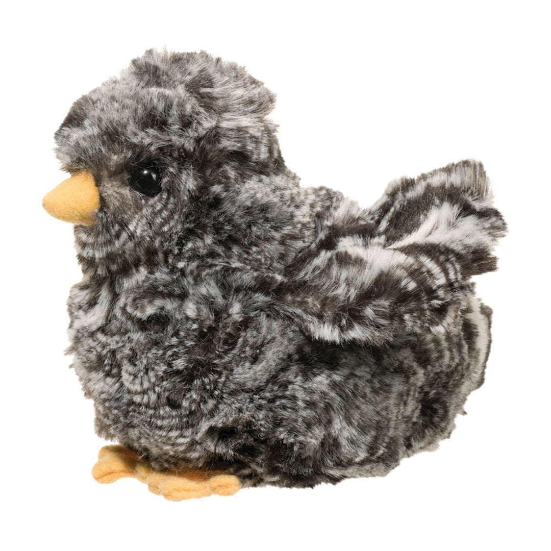 Plush toy bird with gray and brown feathers on a white background