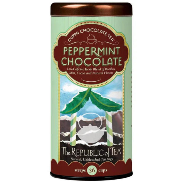 Tea canister labeled 'Peppermint Chocolate' from 'The Republic of Tea' on a white background