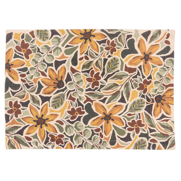 A rectangular area rug with a dense floral pattern featuring mustard yellow, rust brown, sage green, and cream flowers and leaves.