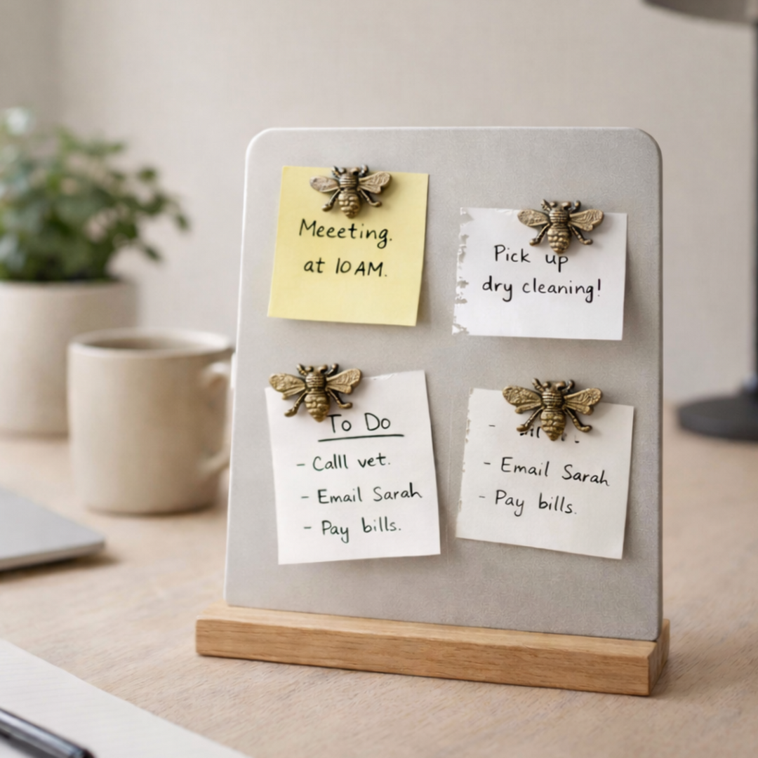 Desk with a magnetic notice board holding notes and a pen, with a laptop and plant in the background.