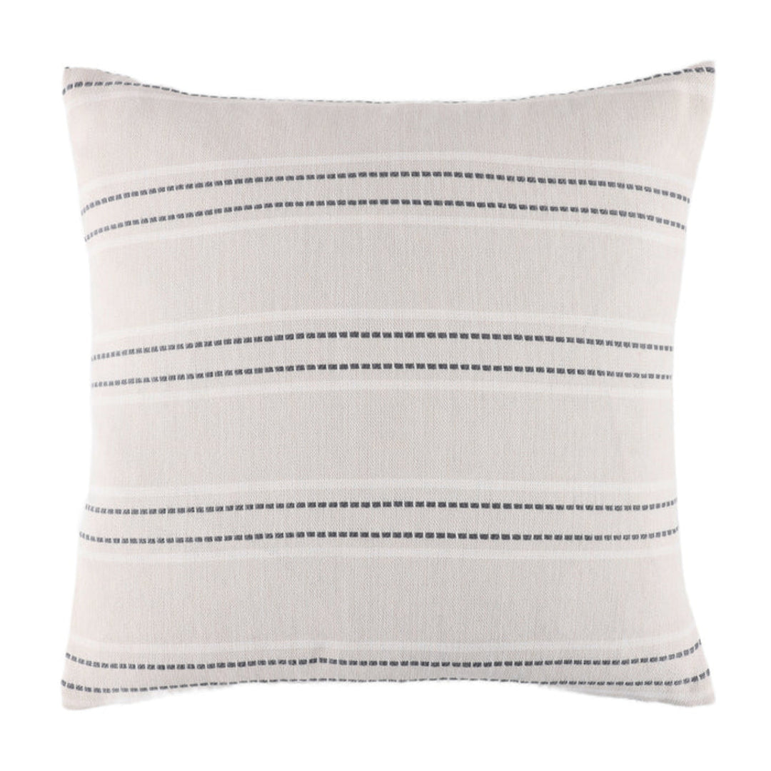 A square throw pillow in off-white linen fabric with horizontal stripes made of short dark gray stitched dashes, shown against a plain white background.