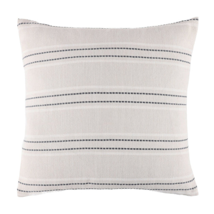 A square throw pillow in off-white linen fabric with horizontal stripes made of short dark gray stitched dashes, shown against a plain white background.