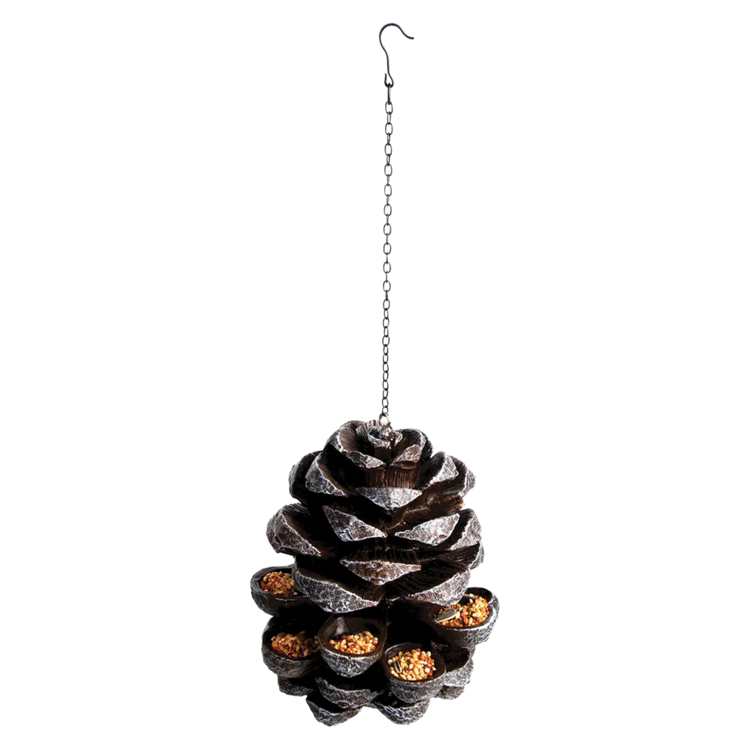 Decorative pine cone-shaped bird feeder with small compartments on a white background