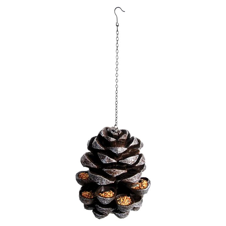 Decorative pine cone-shaped bird feeder with small compartments on a white background