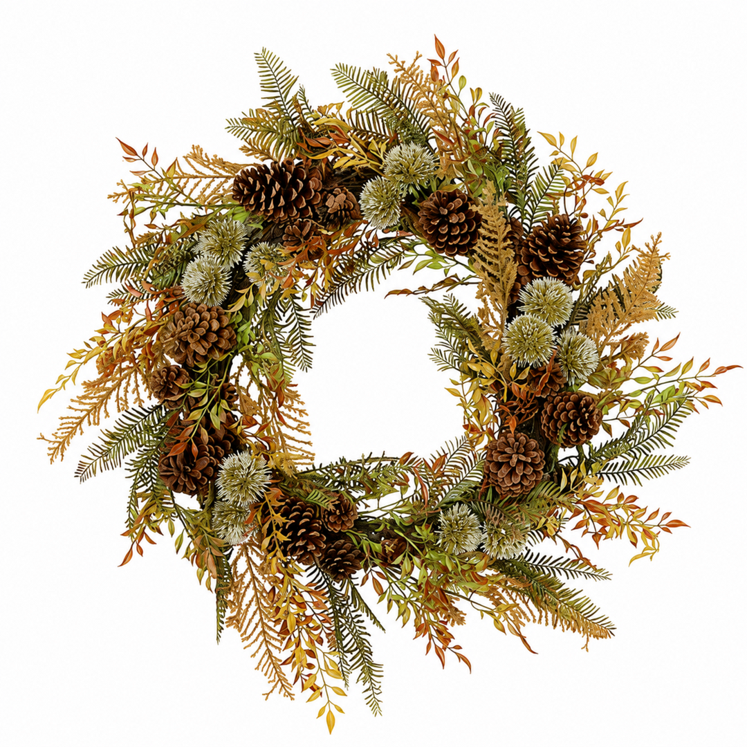 An autumn-themed artificial wreath featuring pinecones, green and brown needles, and white berries on a solid white background.