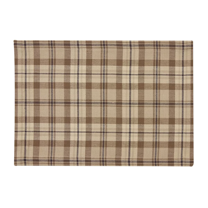 Plaid placemat with brown and beige pattern on a white background