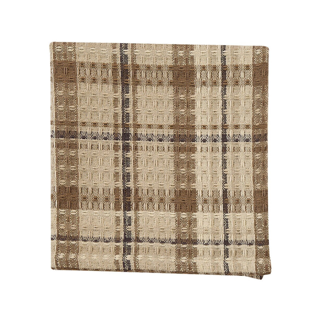 Textured fabric swatch with a plaid pattern on a white background