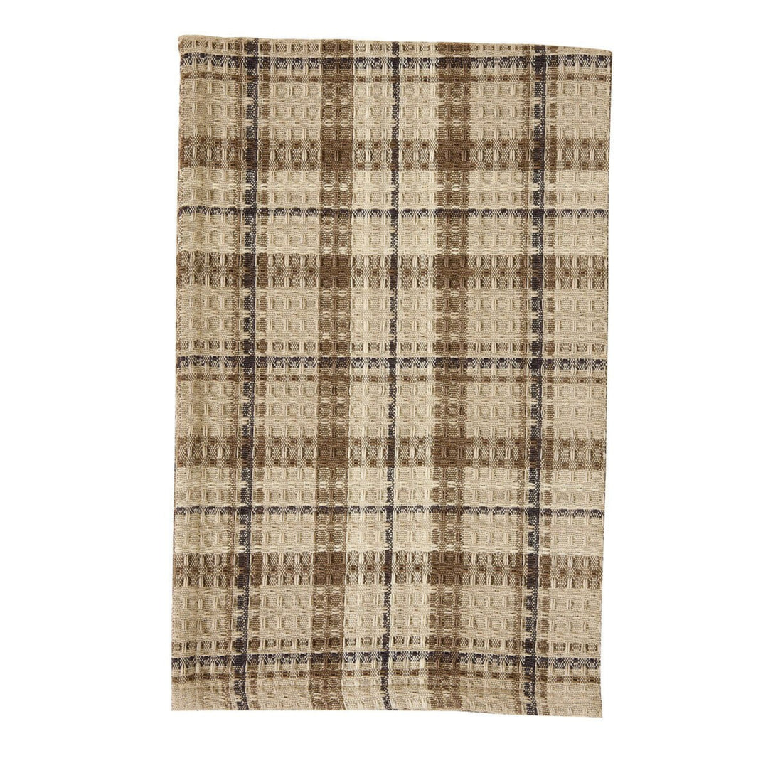 Plaid patterned rug with brown and beige colors on a white background
