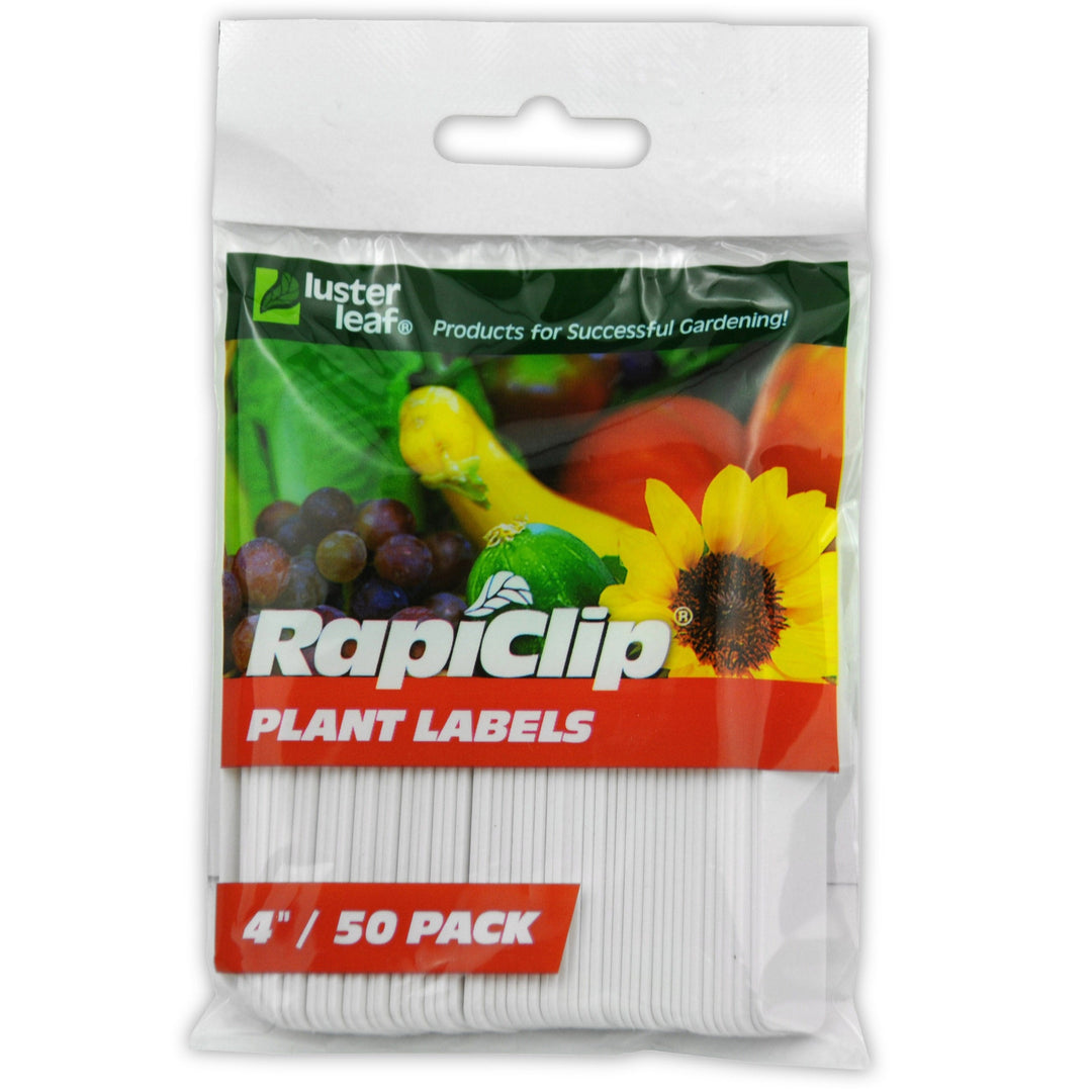 Luster Leaf Rapiclip plant labels packaging with colorful graphics on a white background