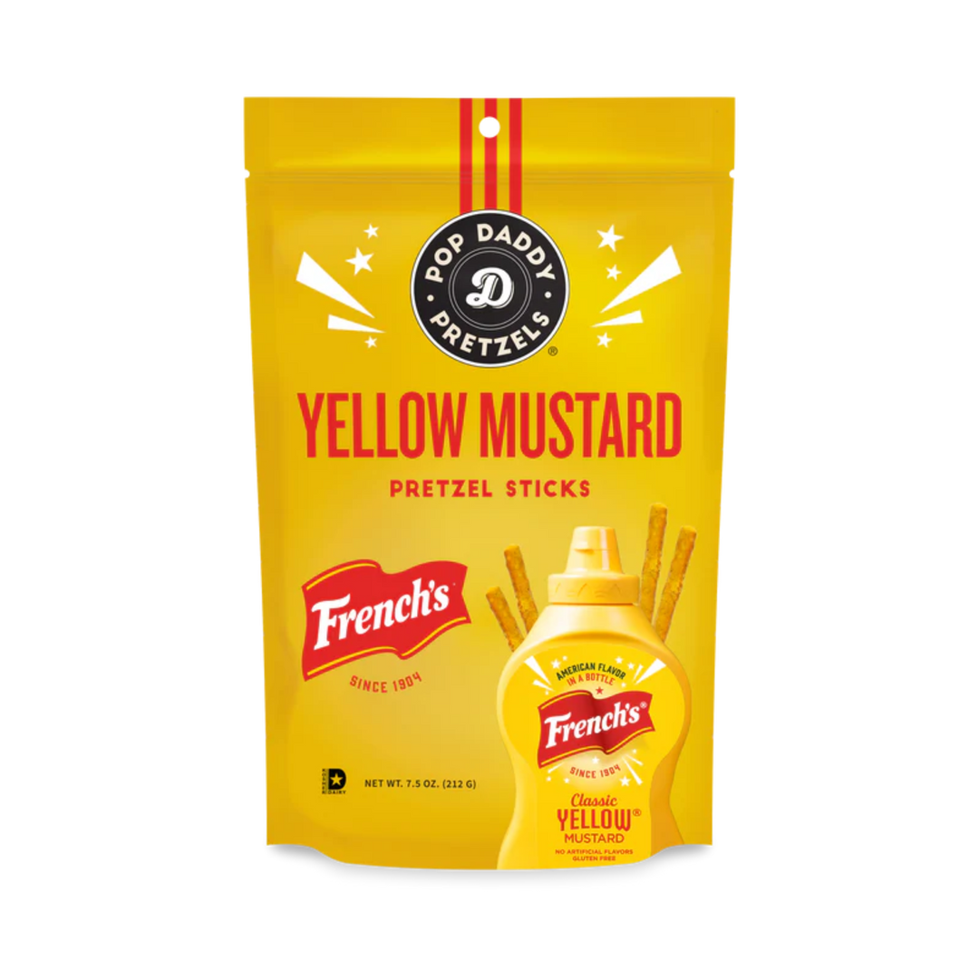 Packaging of Pop Daddy Pretzels with French's Yellow Mustard on a white background