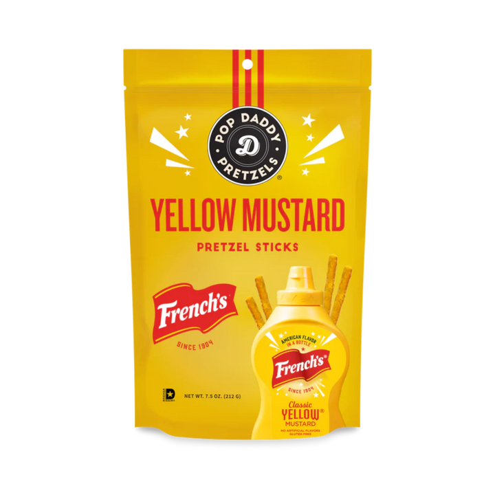 Packaging of Pop Daddy Pretzels with French's Yellow Mustard on a white background