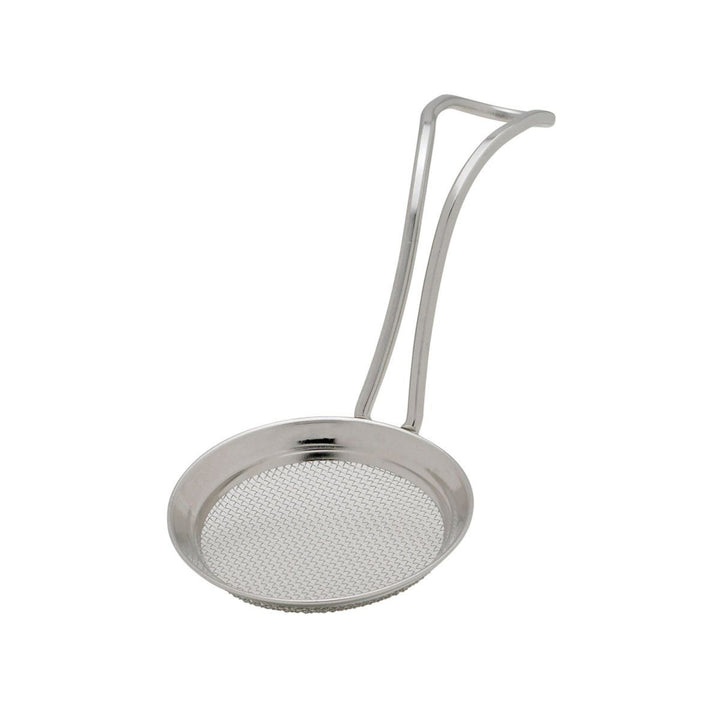 Metallic strainer with handle on a white background