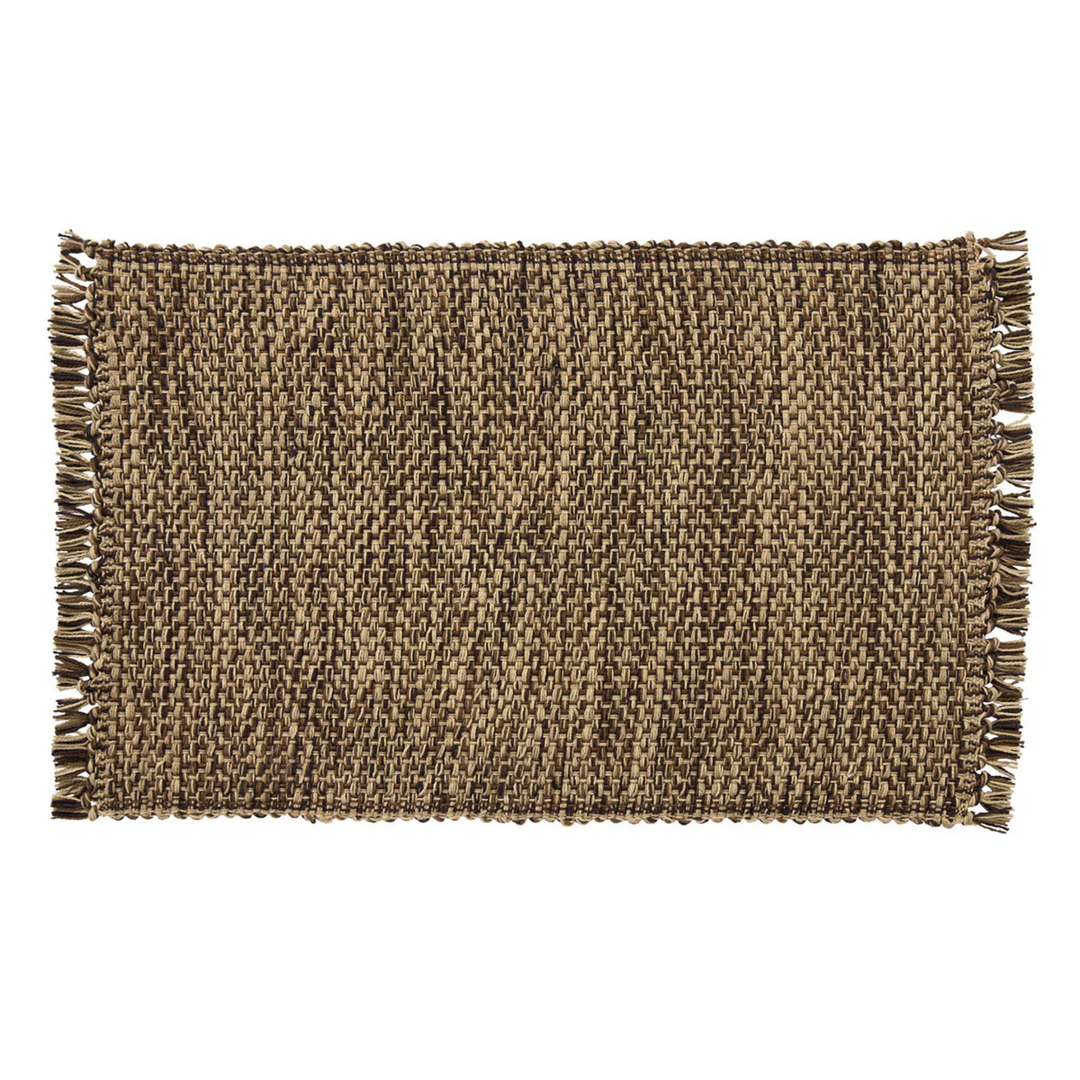 Brown woven placemat with fringes on a white background