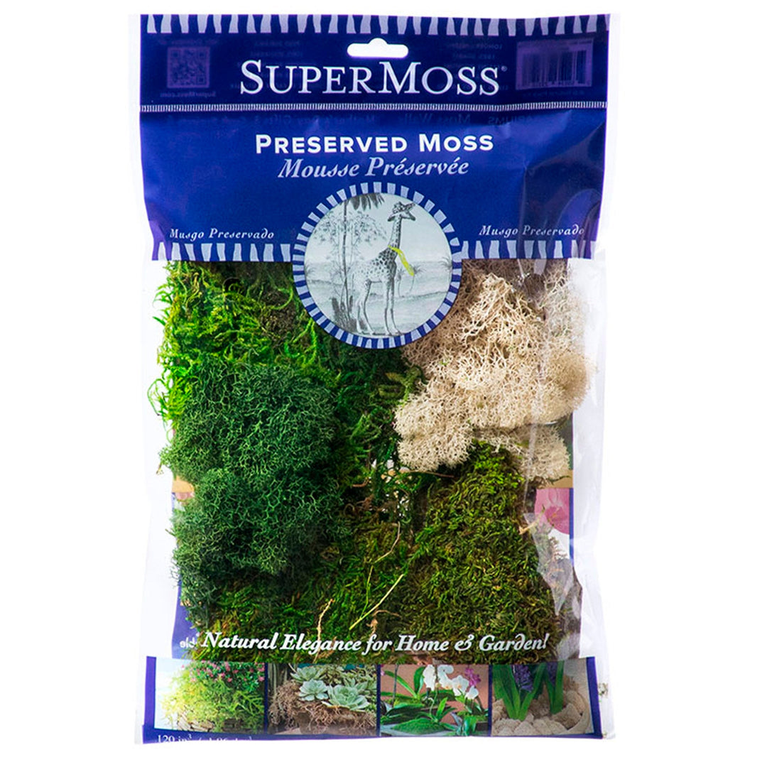 SuperMoss preserved moss packaging with images of different types of moss on a white background.