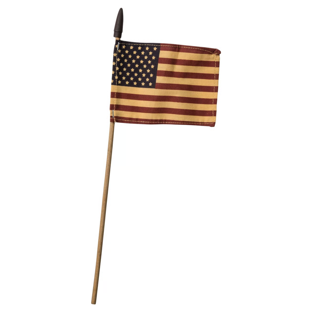 American flag on a wooden stick with a white background