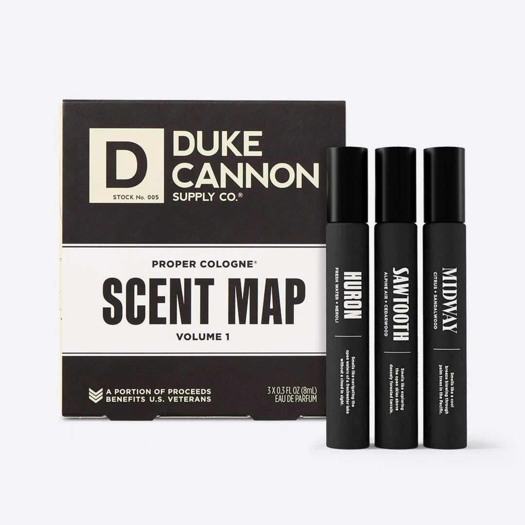 Duke Cannon Supply Co. cologne set with three black bottles and a box on a white background